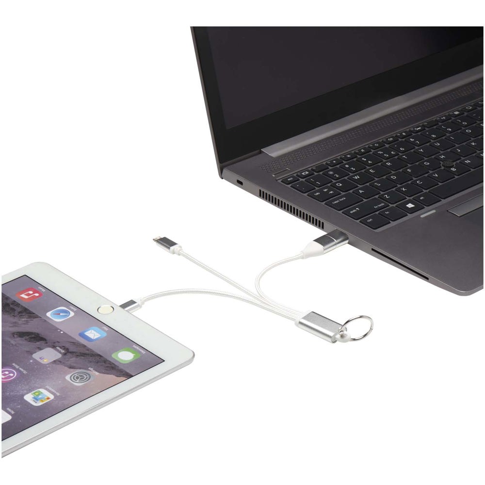 Metal 4-in-1 oplaadkabel van gerecycled aluminium met sleutelhanger