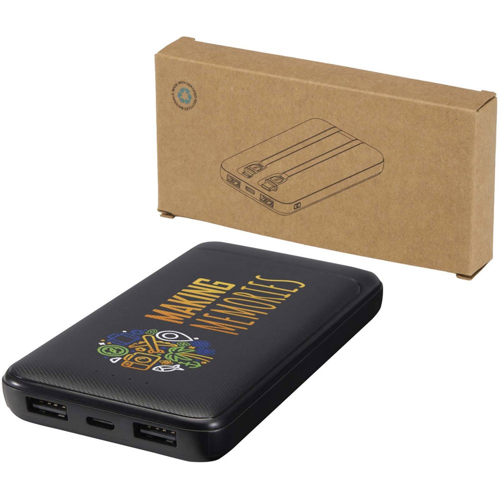 Adhil powerbank van 10.000 mAh 10 W van gerecycled plastic met 2 ingebouwde kabels