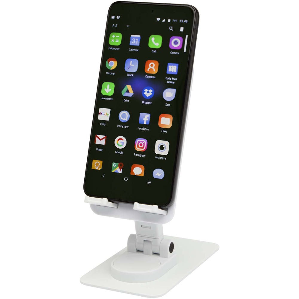 Alhena opvouwbare telefoonhouder van gerecycled plastic met metalen bureaustandaard - Wit
